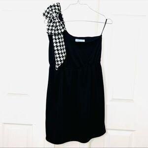 Judith March One Shoulder Little Black Dress With Large Houndstooth Bow Medium